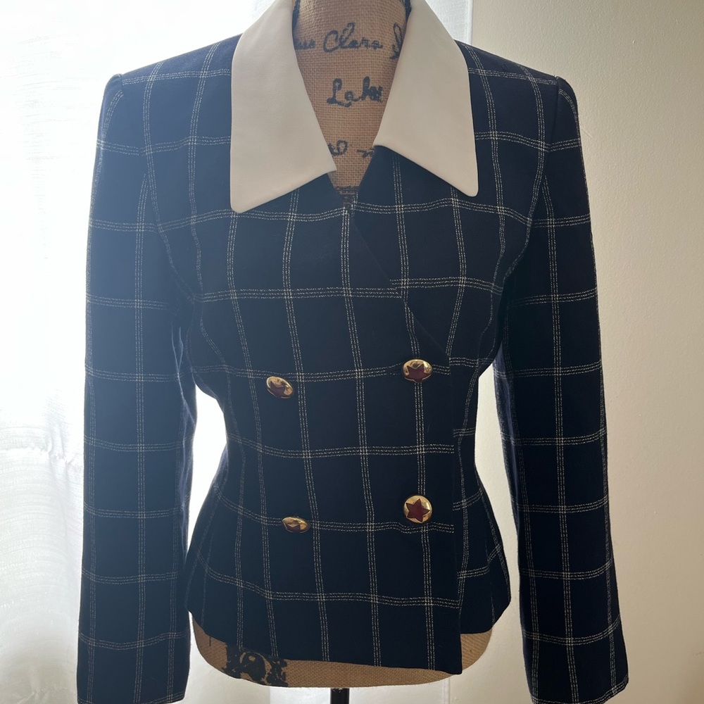 Vintage navy blue and white plaid blazer